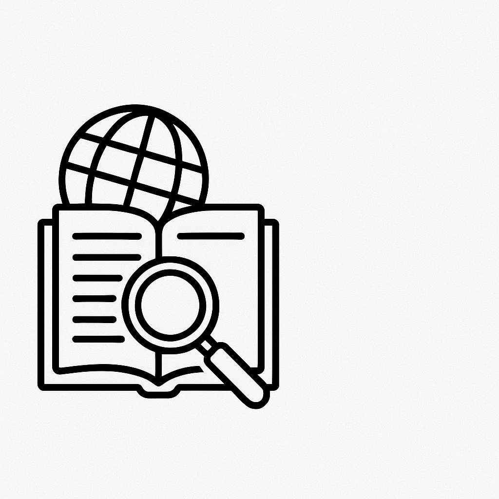 A cartoon image of a book, magnifying glass and a globe 