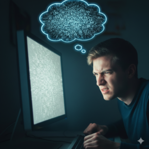 A person struggling to read from a screen of jumbled text on a computer screen , he has a furrowed brow as he has visual stress.