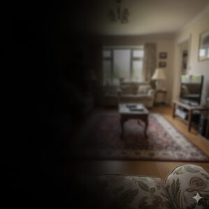 A first-person perspective of a living room demonstrating left-sided hemianopia. The left half of the image is completely obscured by a solid black void, representing total vision loss in that field. The visible right side shows a blurred, out-of-focus domestic setting containing a patterned rug, a coffee table, and a television stand. The foreground features the floral fabric of a sofa arm, which is sharp on the right but disappears into the darkness on the left, illustrating how a stroke can bisect a person's visual world.